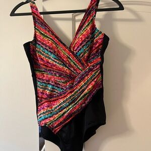 Miraclesuit Multicolor Stripe Overlap One-Piece Swimsuit with Black Sides